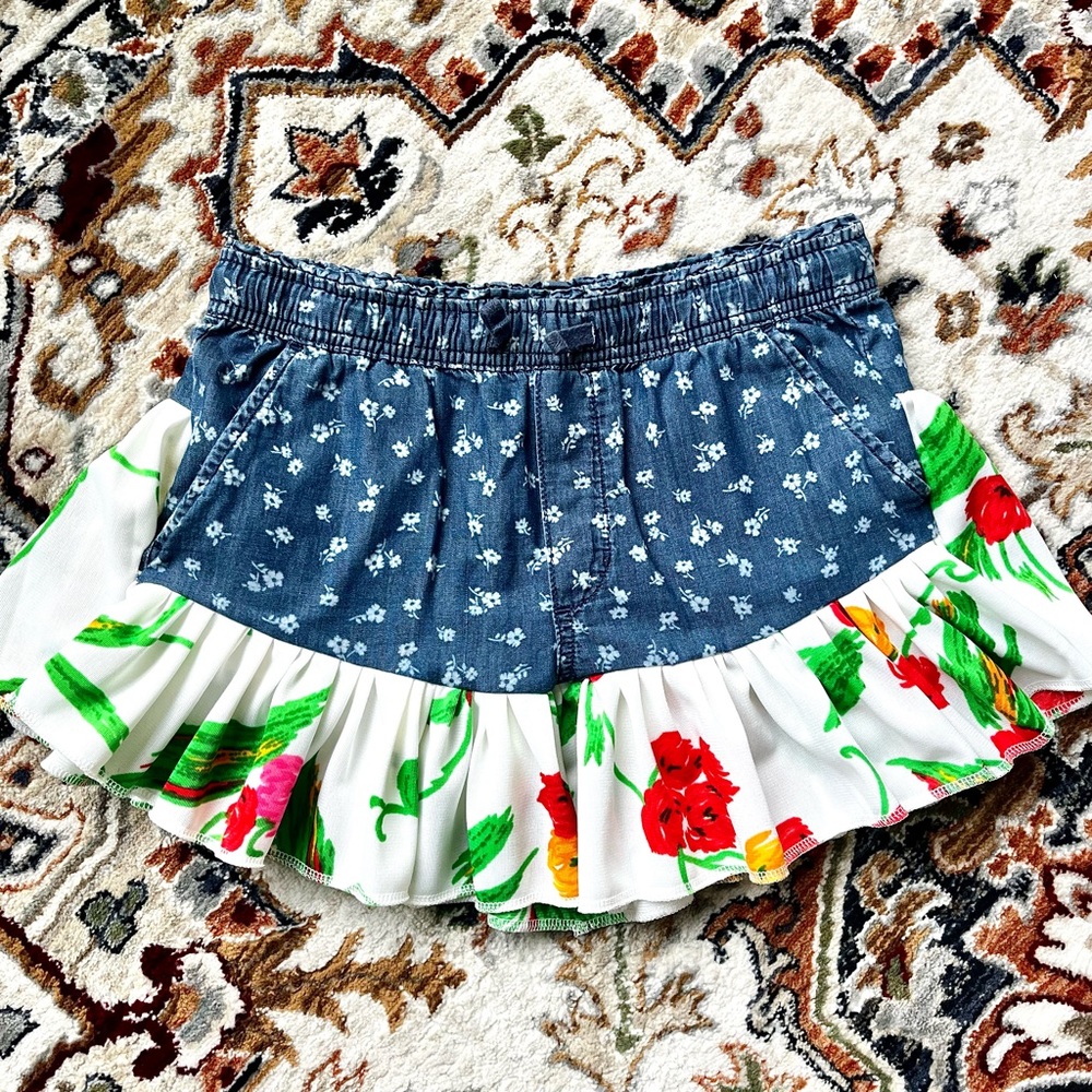 Upcycled Skirt Handmade Blue White Floral Elastic Waistband Girls Size XL 14/16